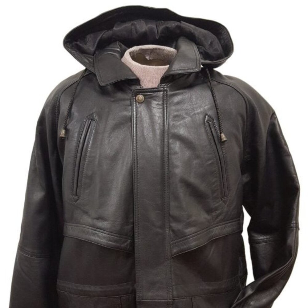 Unisex Soft Leather Belted Parka Hip Hooded Jacket
